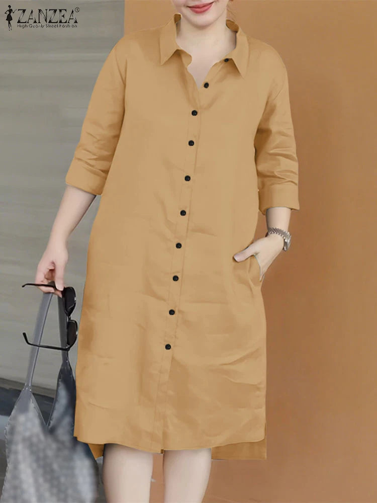 2025 Fashion Autumn Shirt Dress Women Lapel Neck 3/4 Sleeve Sundress Casual Loose OL Work Dresses Button Midi Robe Kaftan