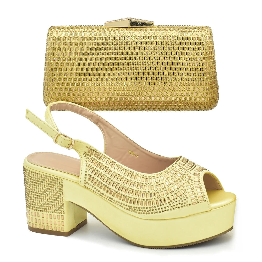 Africa Shoe and Bags Set Decorated with Rhinestone Wedges Shoes for Women Italian Women Wedding Shoes with Bag Set