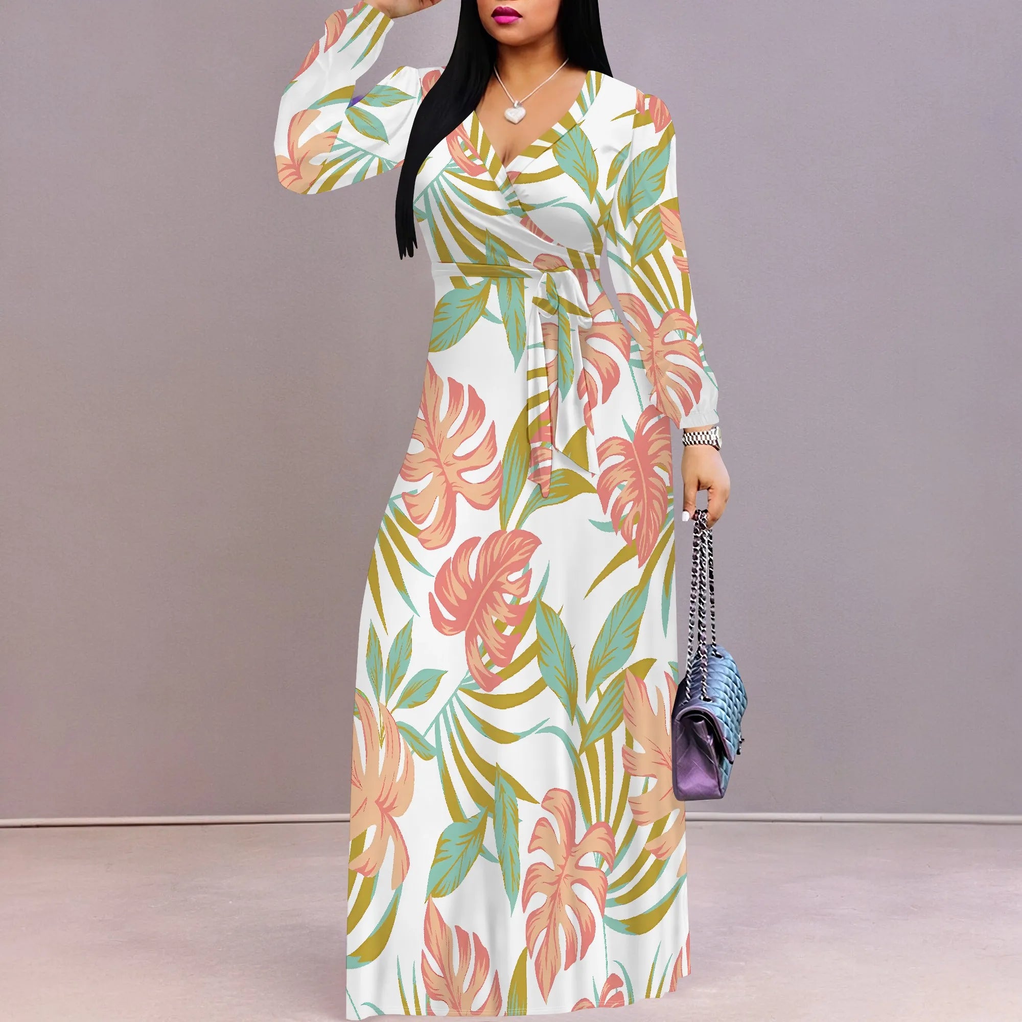 Standard Size Long Sleeve V Neck Maxi Dress White Tropical Leaf Print Casual Vacation Outfit