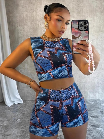 Colourful Print 2 Piece Set Women Casual O-Neck Tank Tops + Skinny Shorts Matching Hottie Sexy Sporty Activity Tracksuit