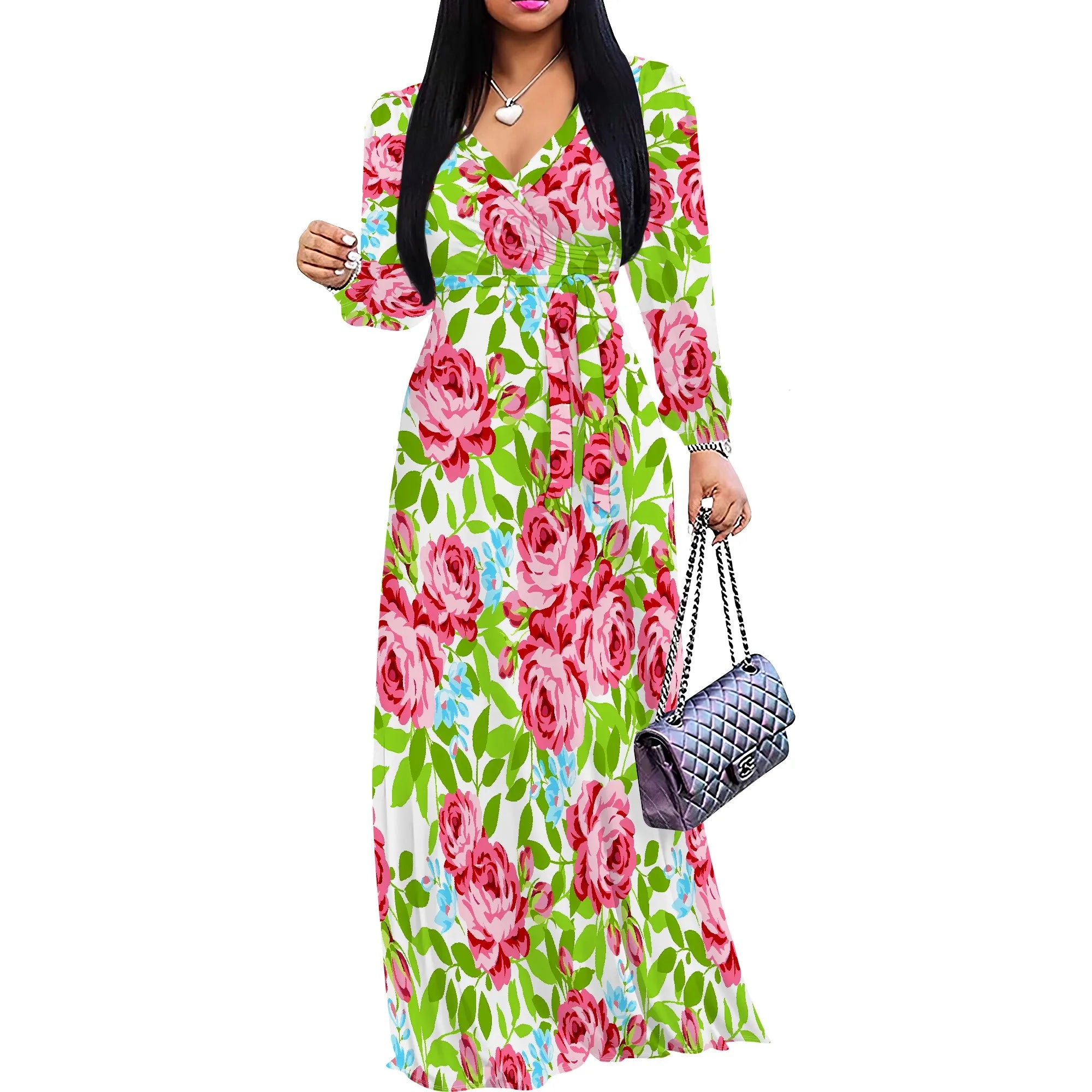 Pink Floral V-Neck Long Sleeve Maxi Dress Women Spring Summer Garden Style