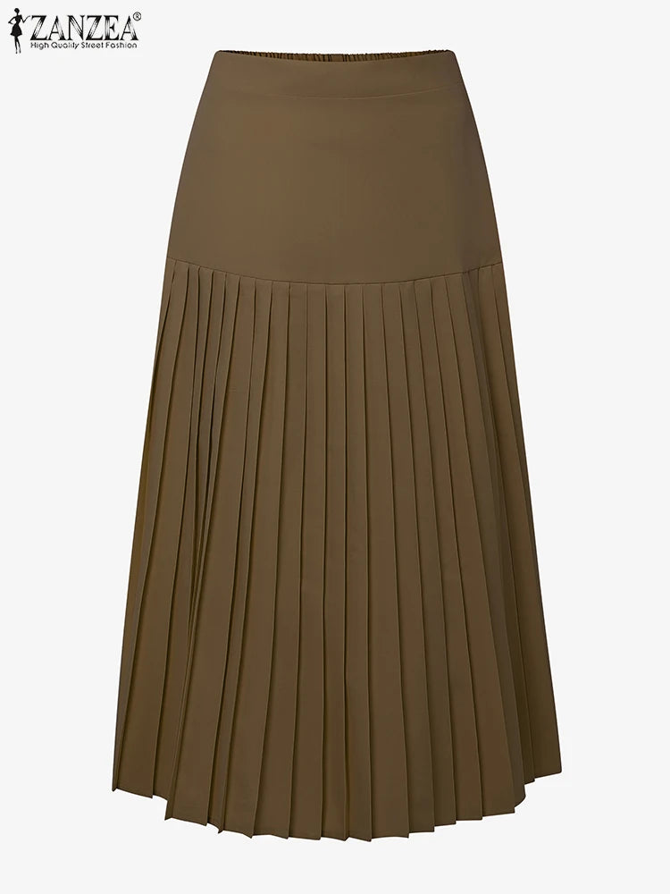 Elegant A-Line Pleated Skirts Women Fashion High Waist Patchwork Midi Faldas Mujer Office Commuting Solid Jupes Femme