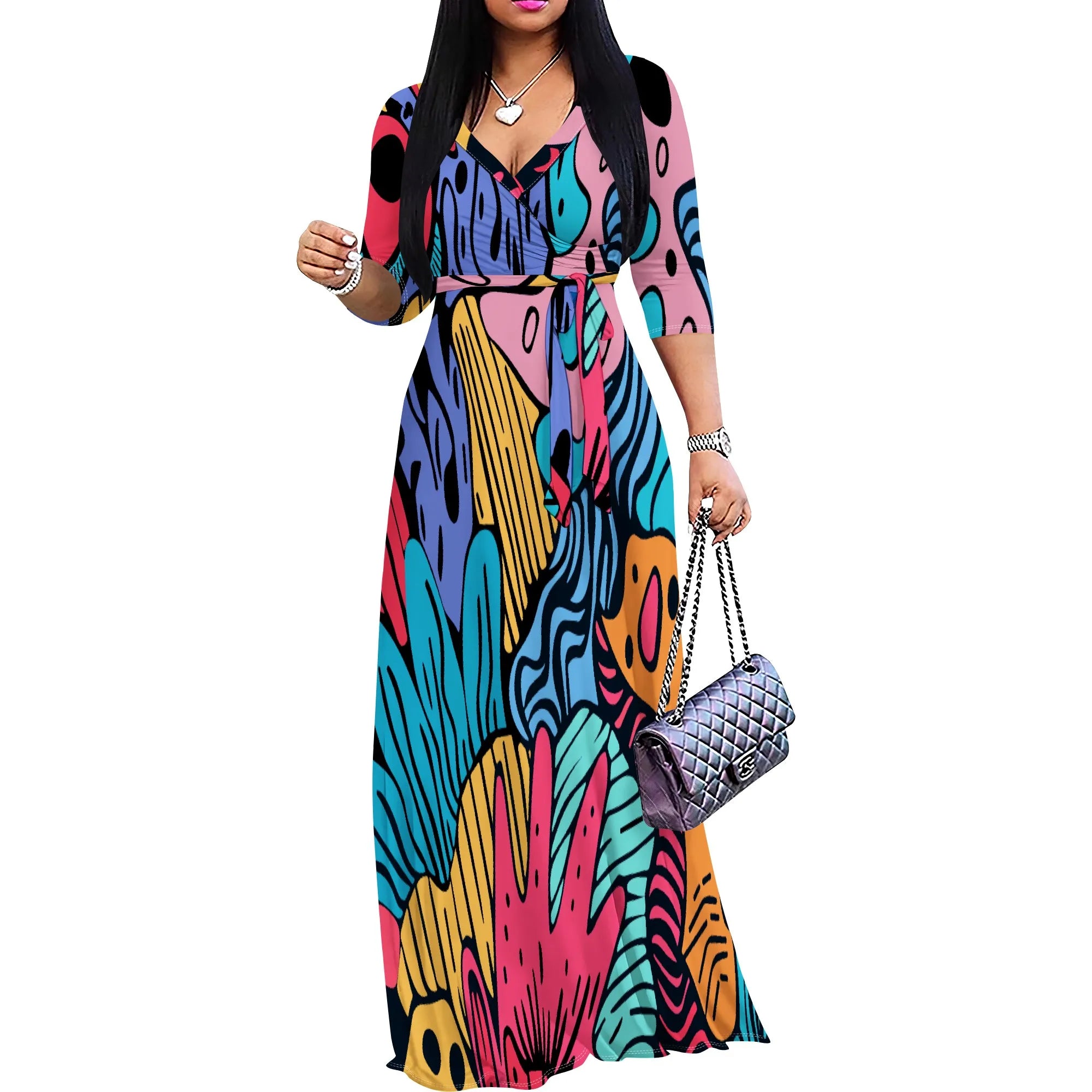 Plus Size Maxi Dress for Women Casual Summer Sundress V-Neck 3/4 Sleeve