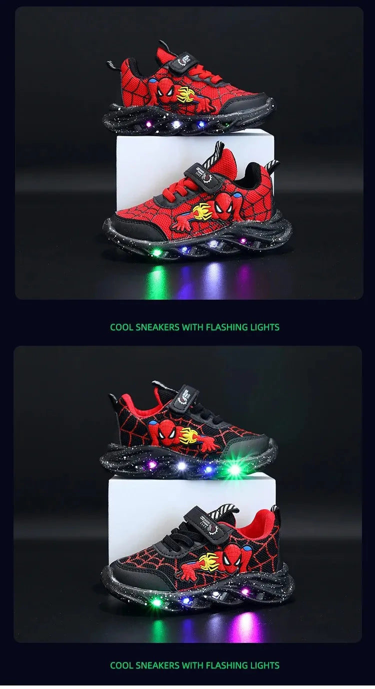 Disney Spiderman Light-Up Boys Spring Sneakers Breathable Mesh Outdoor Shoes with Non-Slip Sole, Illuminated LED Kid Footwear