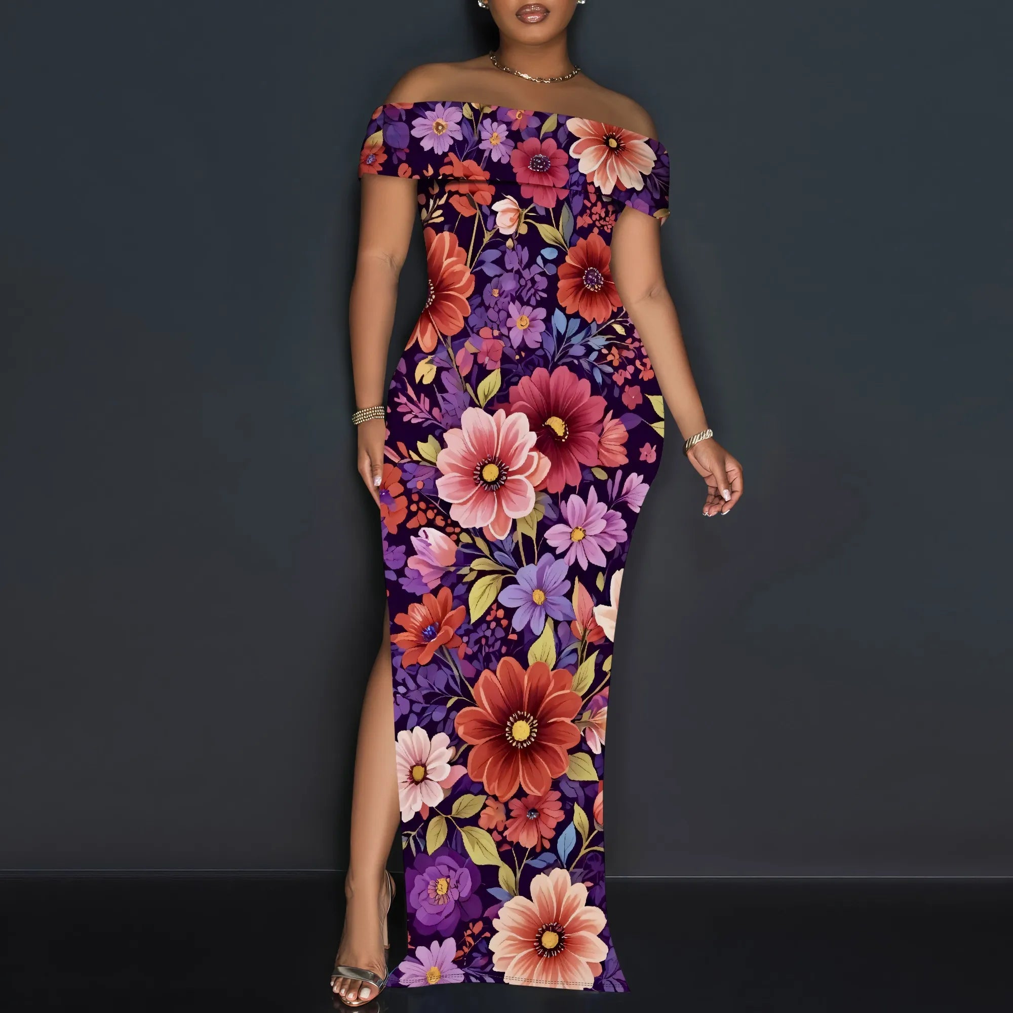 Off Shoulder Bodycon Maxi Dress for Women Floral Print Summer Elegant Party Dress Slim Fit Slit Gown