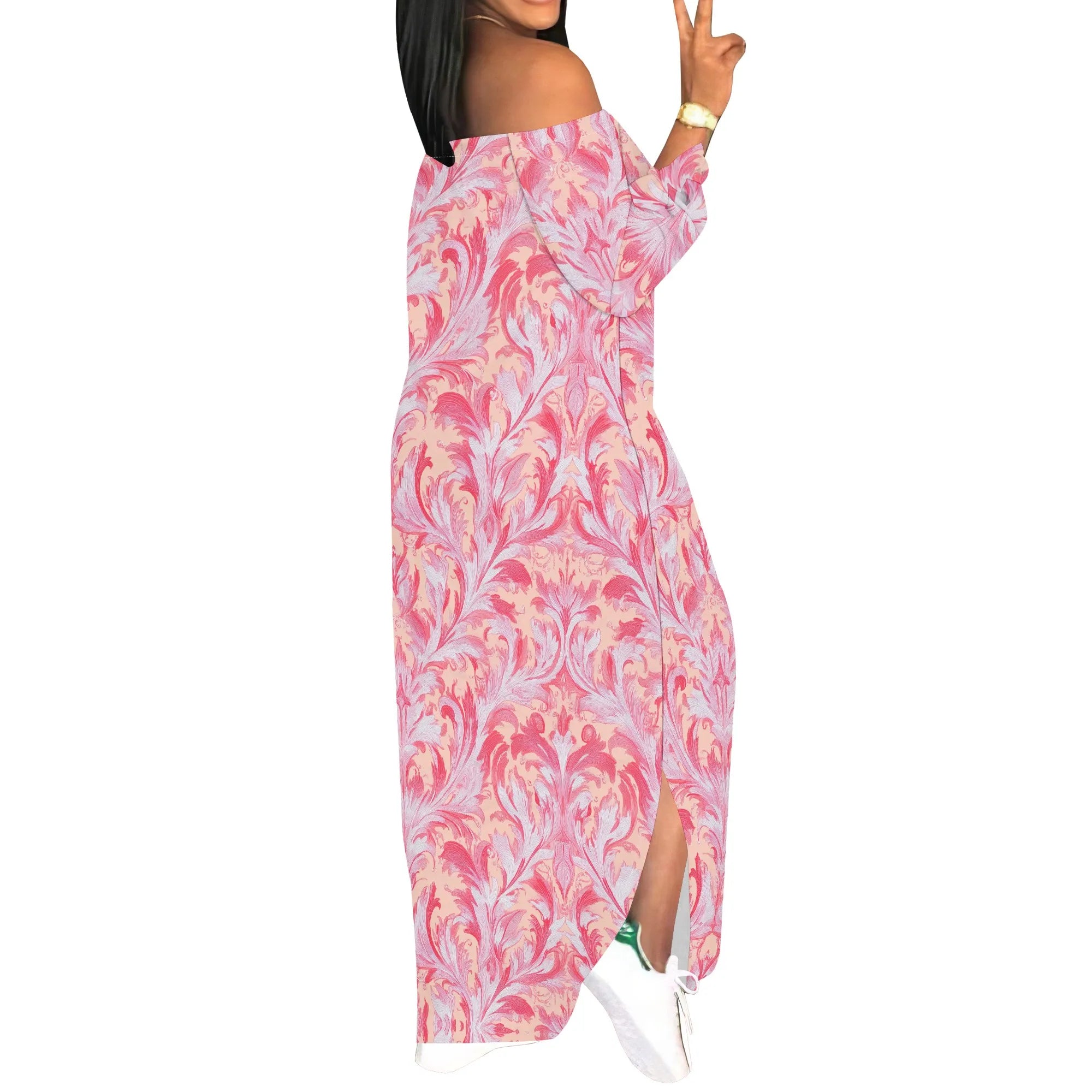 Casual Pink Butterfly Print Maxi Dress Off Shoulder Long Sleeve Bodycon Dress for Women Spring Vacation Style