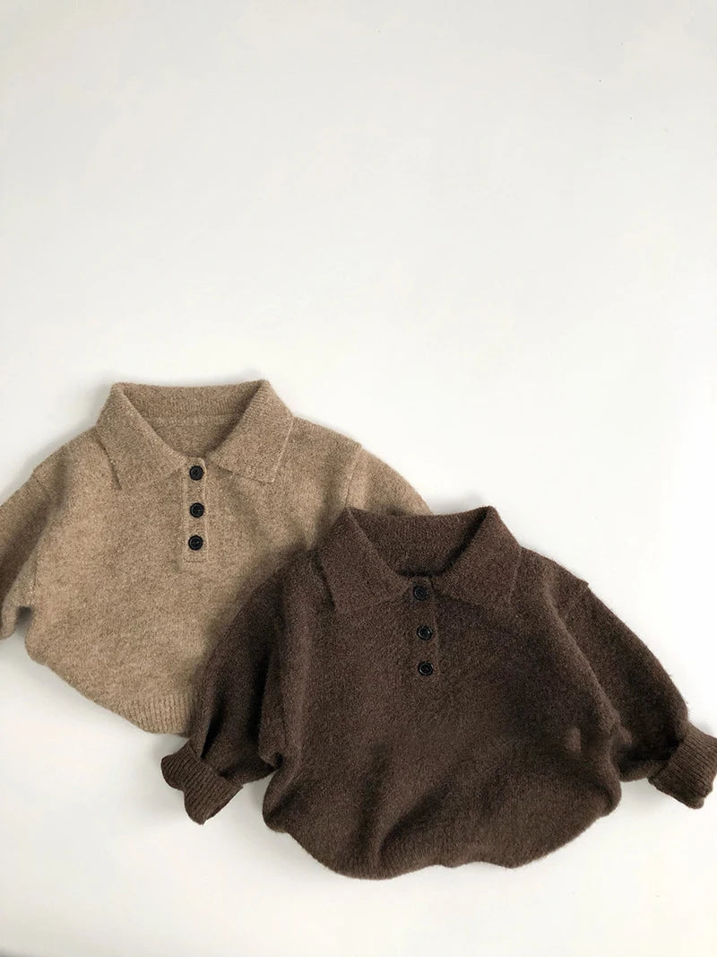 Autumn New Boys Clothes Kids Knit Turn Down Collar Sweater Children's Trendy Solid Colour Pullover Girls Outwear 1-6Y Unisex