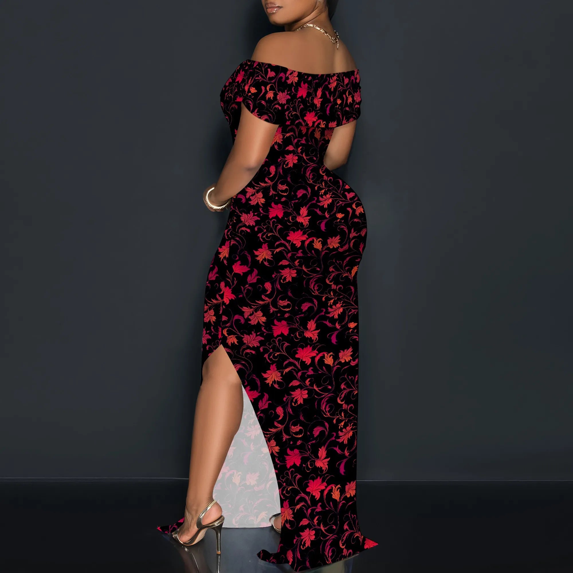 Vintage Floral Off Shoulder Maxi Dress Women Elegant Red Print Bodycon Long Gown Evening Look