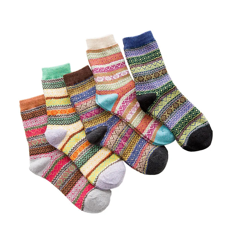 5 Pairs Winter New Warm Thicken National Wind Women's Wool Medium Tube Female Socks