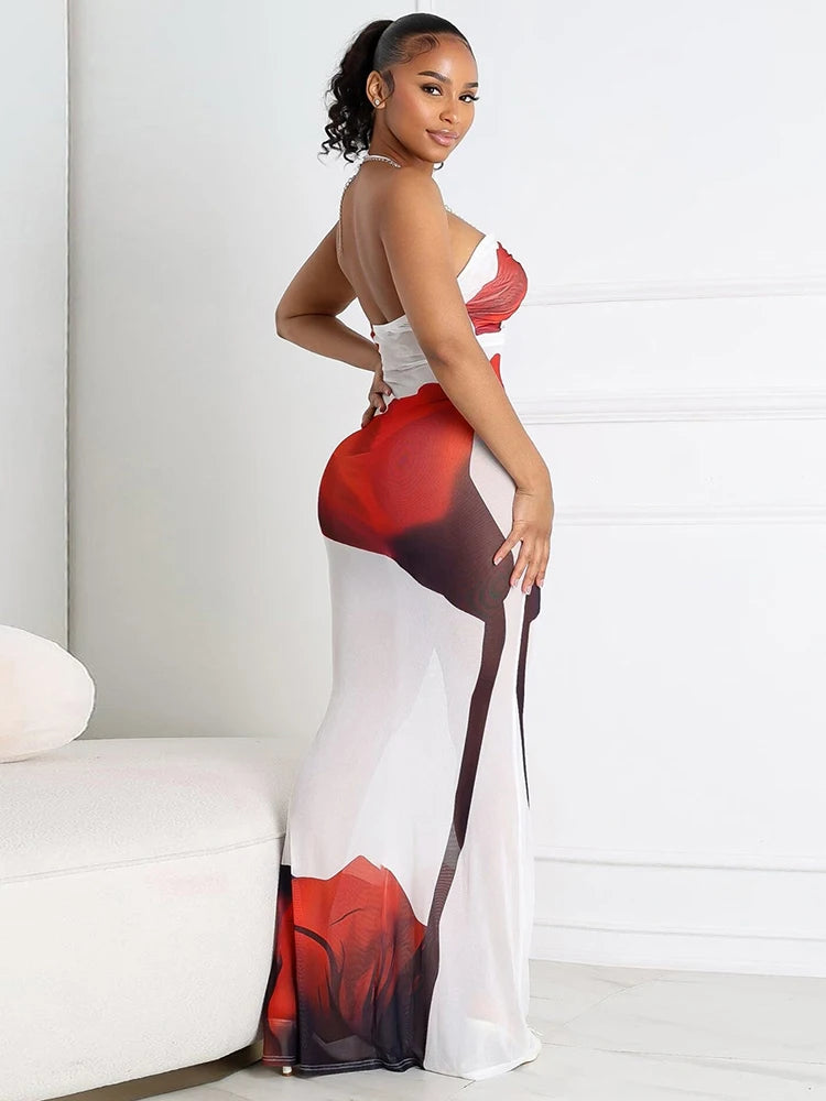 Seashell Metal Chain Hollow Halter Dress Women Flower Print Sexy See Through Backless Skinny Peach Hip Long Bodycon