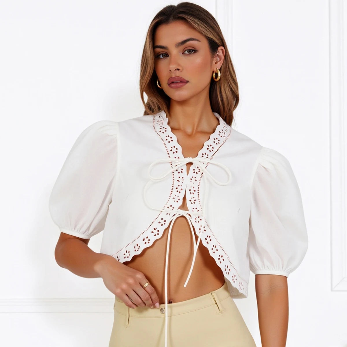 Women's Shirts Summer Fashion Eyelet Embroidery Lace-Up Open Front Plain Cropped Puff Sleeve V-Neck Casual Shirts