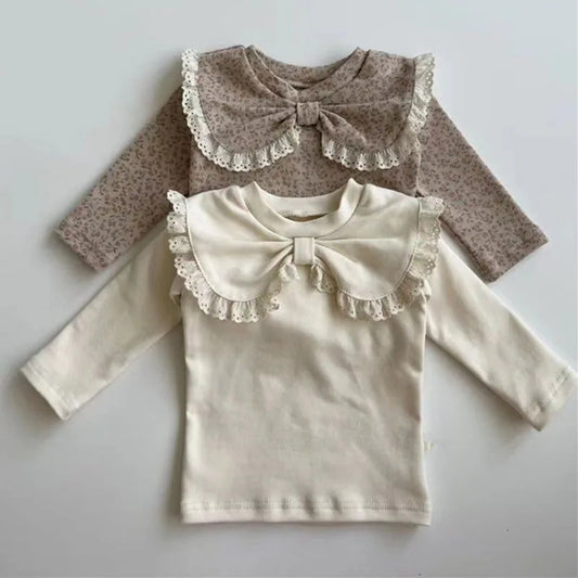 Herfst Baby Kant Bottoming Shirt Peuter Schattig Bloem Strik Kraag Basis Shirt Baby Dunne Lange Mouwen Meisjes Tops 1-3Y Meisjes