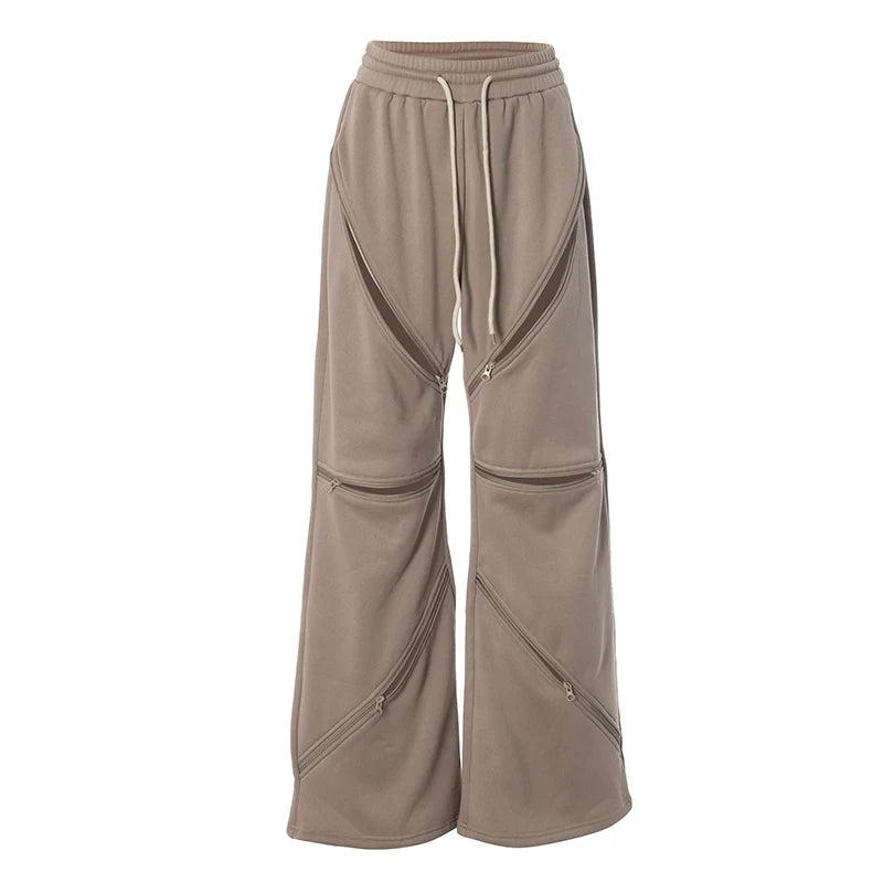 Zip Hollow Pants Street Fashion Trend Casual Sportief Effen Chic Devise Onregelmatig Basic Hipster Wijde Broeken Voor Vrouwen