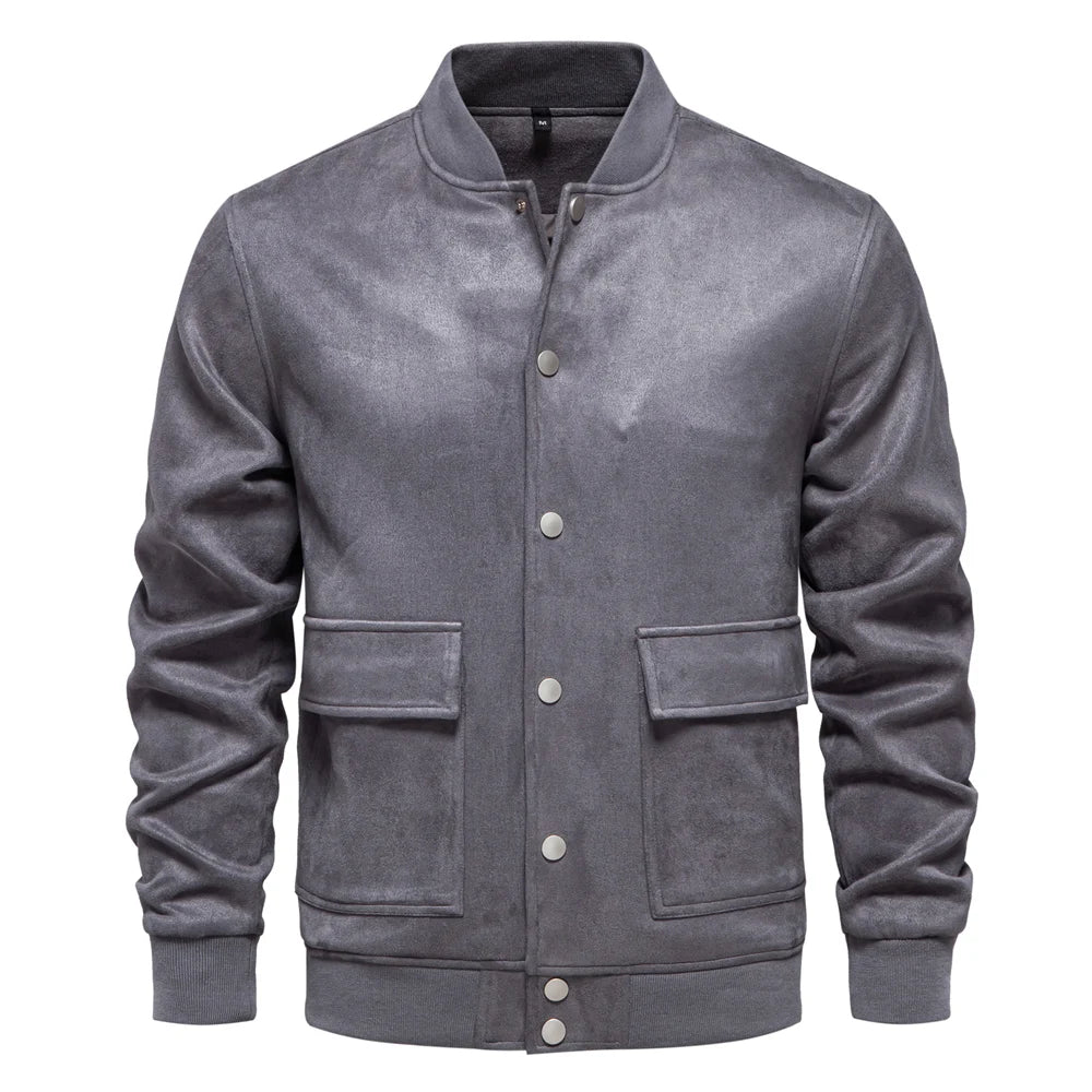 Men's Suede Button Up Bomber Jackets Crew Neck Button-Up Baseball Casual Business Outwear Jacket For Men