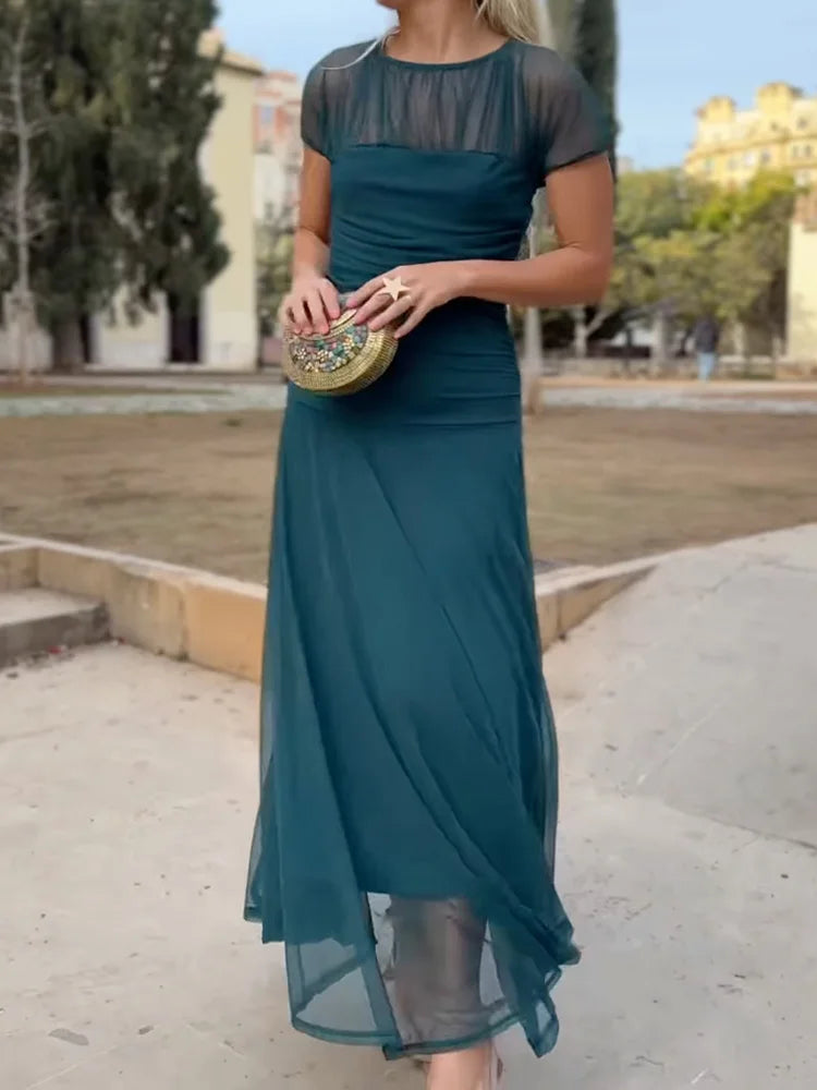 Women Summer Round Neck Loungewear Dress, See Through Solid Mesh Patchwork Elegant Maxi Dress, Short Sleeve Casual Ladies Dress