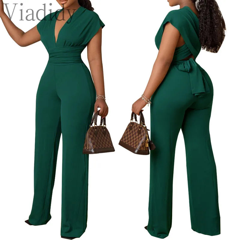 Women Solid Color V-Neck Short Sleeve Slim Waist Back Lace-Up Jumpsuit