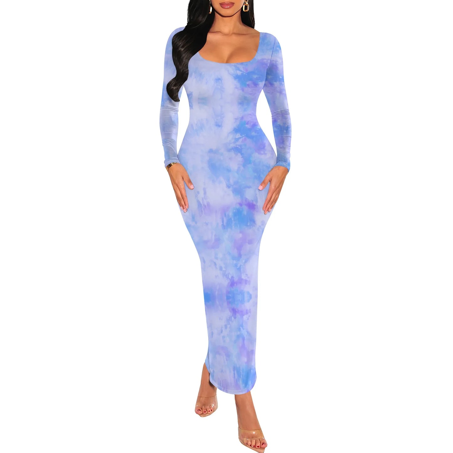 Women's Fall Trendy Dress Tie Dye Crew Neck Long Sleeve Bodycon Maxi Dress Casual Long Dresses
