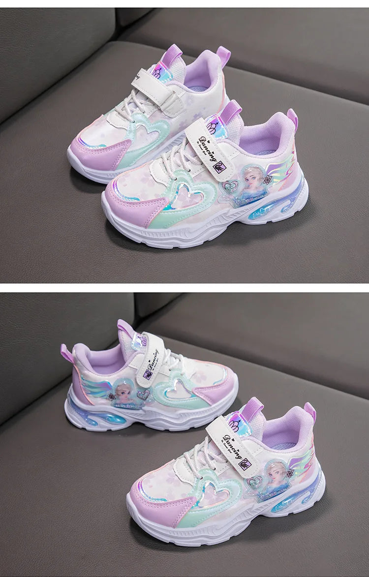 Girls' Casual Shoes Frozen Princess Elsa Sneakers Mesh Leather White Breathable Sole Children's Sport Shoes Size 26-37