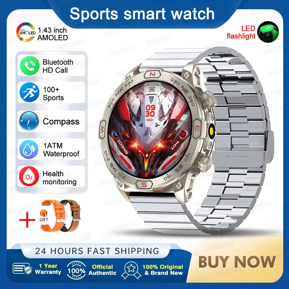 Outdoor Military Smart Watch Men Compass GPS Track Bluetooth Call IP68 Waterproof AMOLED Screen Smartwatch Compatible with Android IOS