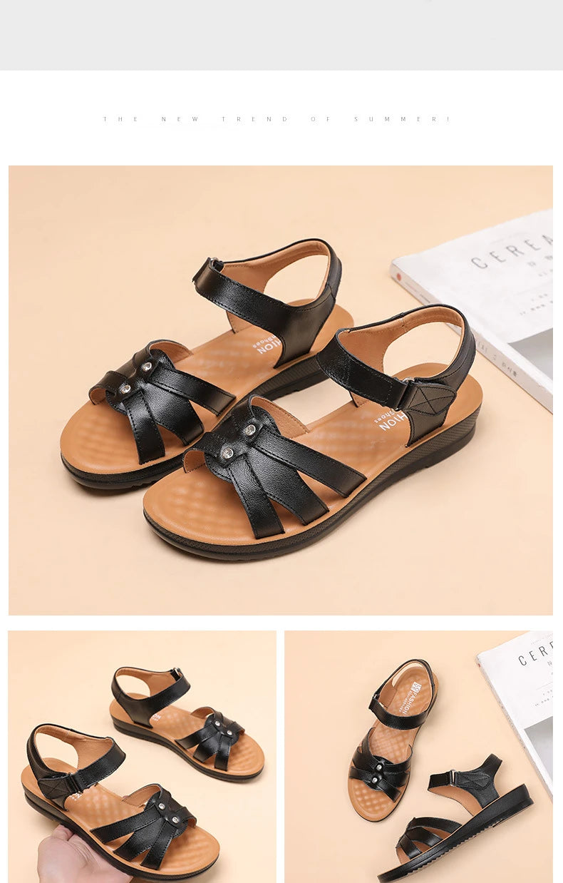 Women's Female Ladies Mother Genuine Leather Sandals Platform Shoes Non Slip Summer Cool Beach Hook Loop Plus Size 42 43