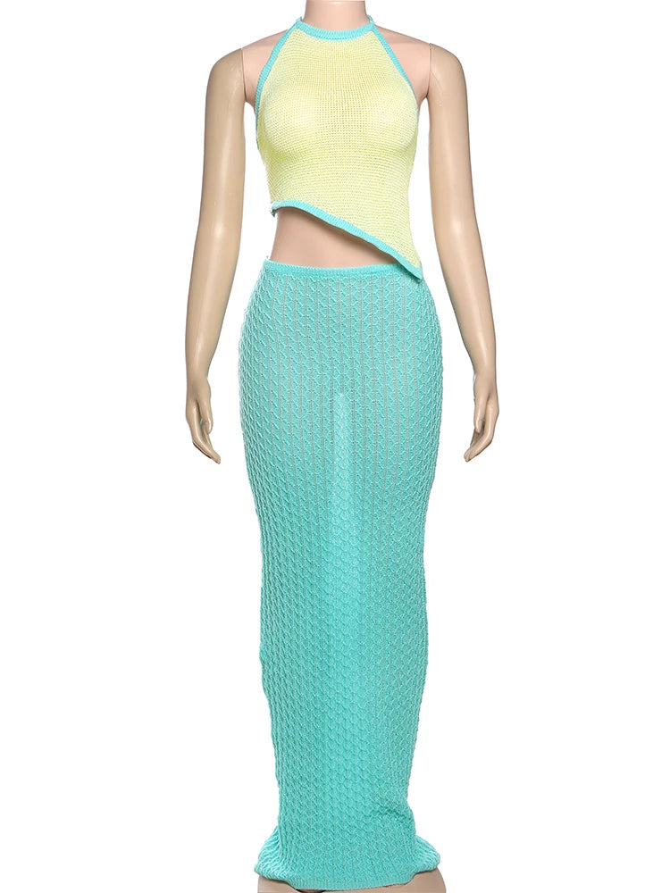 Crochet Beach Women 2 Piece Set Sleeveless Irregular Backless Halter Tank Tops + Maxi Skirts Vacation Matching Clubwear
