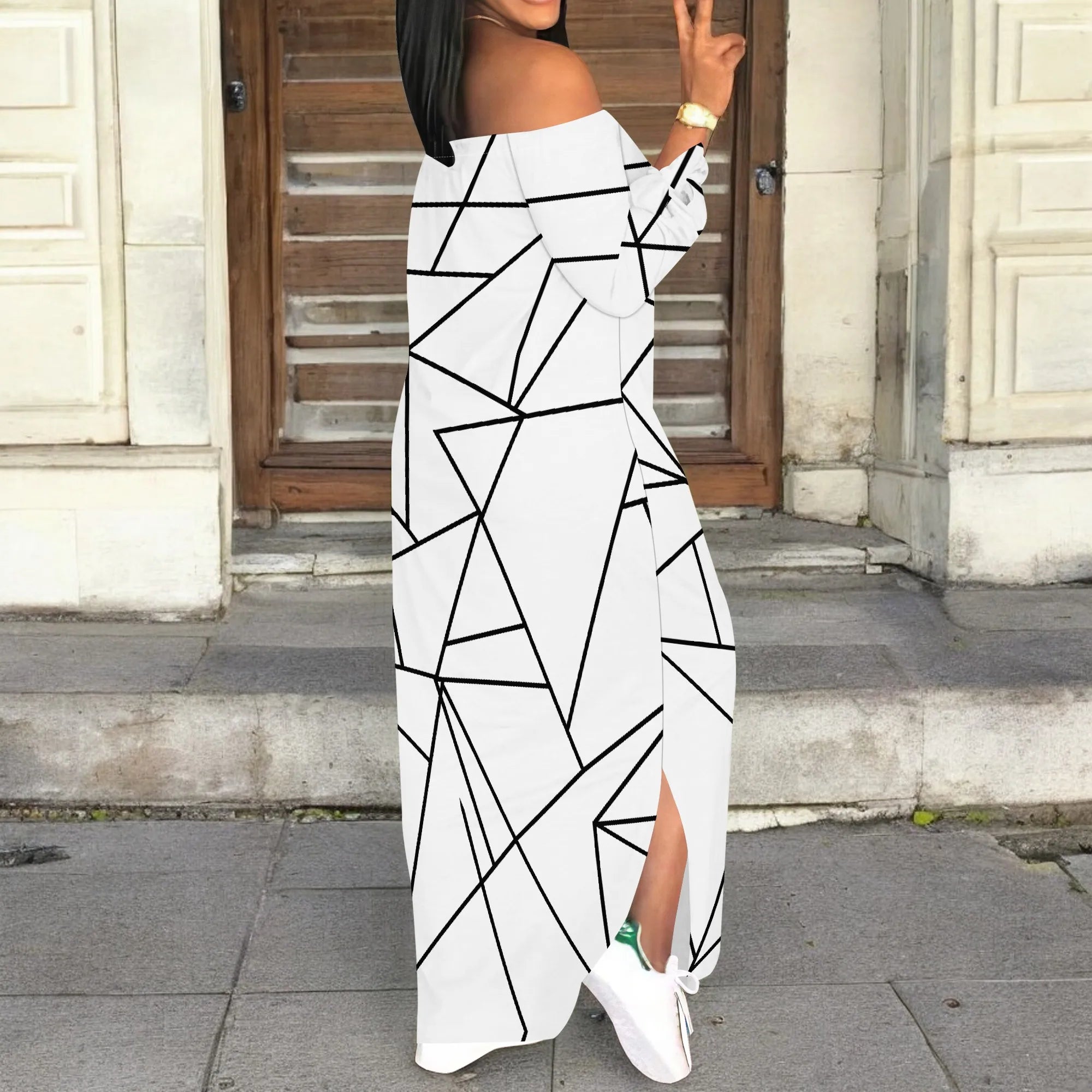 Off Shoulder Long Sleeve Maxi Dress for Women Geometric Line Print Chic Casual Slim Fit Dress