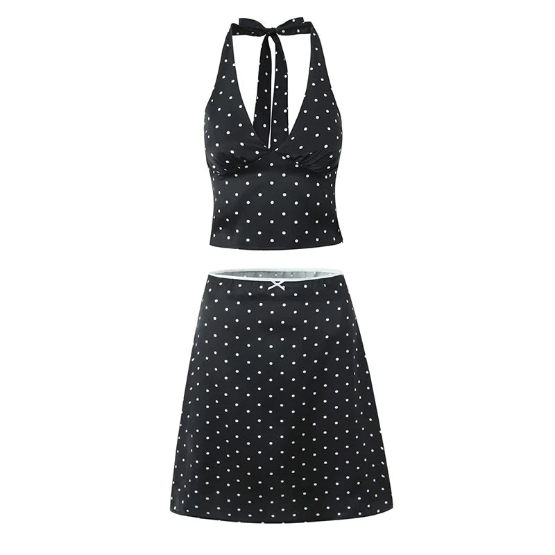 2025 Women Vintage Black White Polka Dot A-line Knee Length Skirt Sexy Low Waist Holiday Summer Skirts