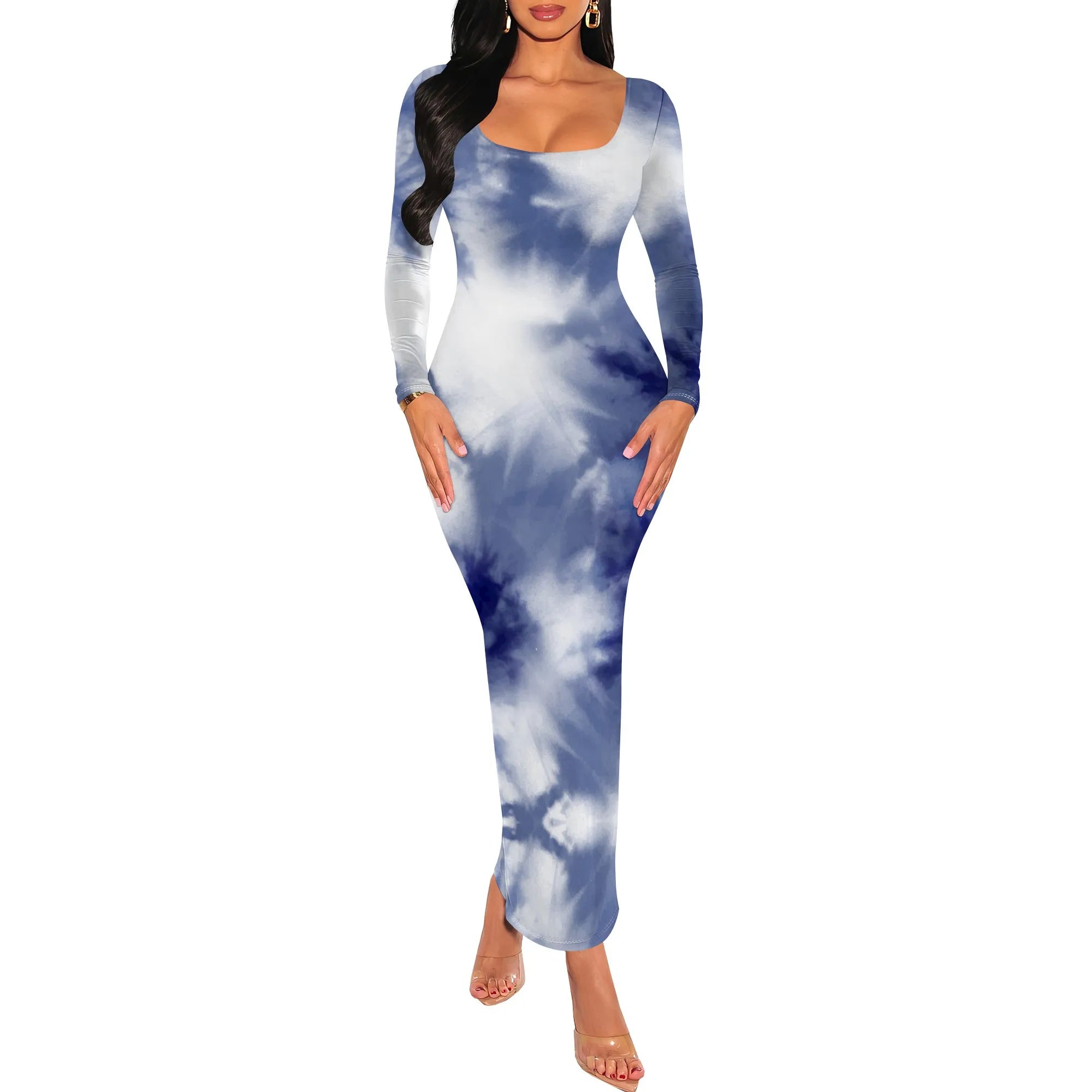 Women's Fall Trendy Dress Tie Dye Crew Neck Long Sleeve Bodycon Maxi Dress Casual Long Dresses