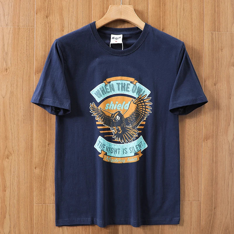 2025 Summer New American Retro 250g Short Sleeve O-neck Printed T-shirt Men's Fashion 100% Cotton Washed Casual Loose Tops