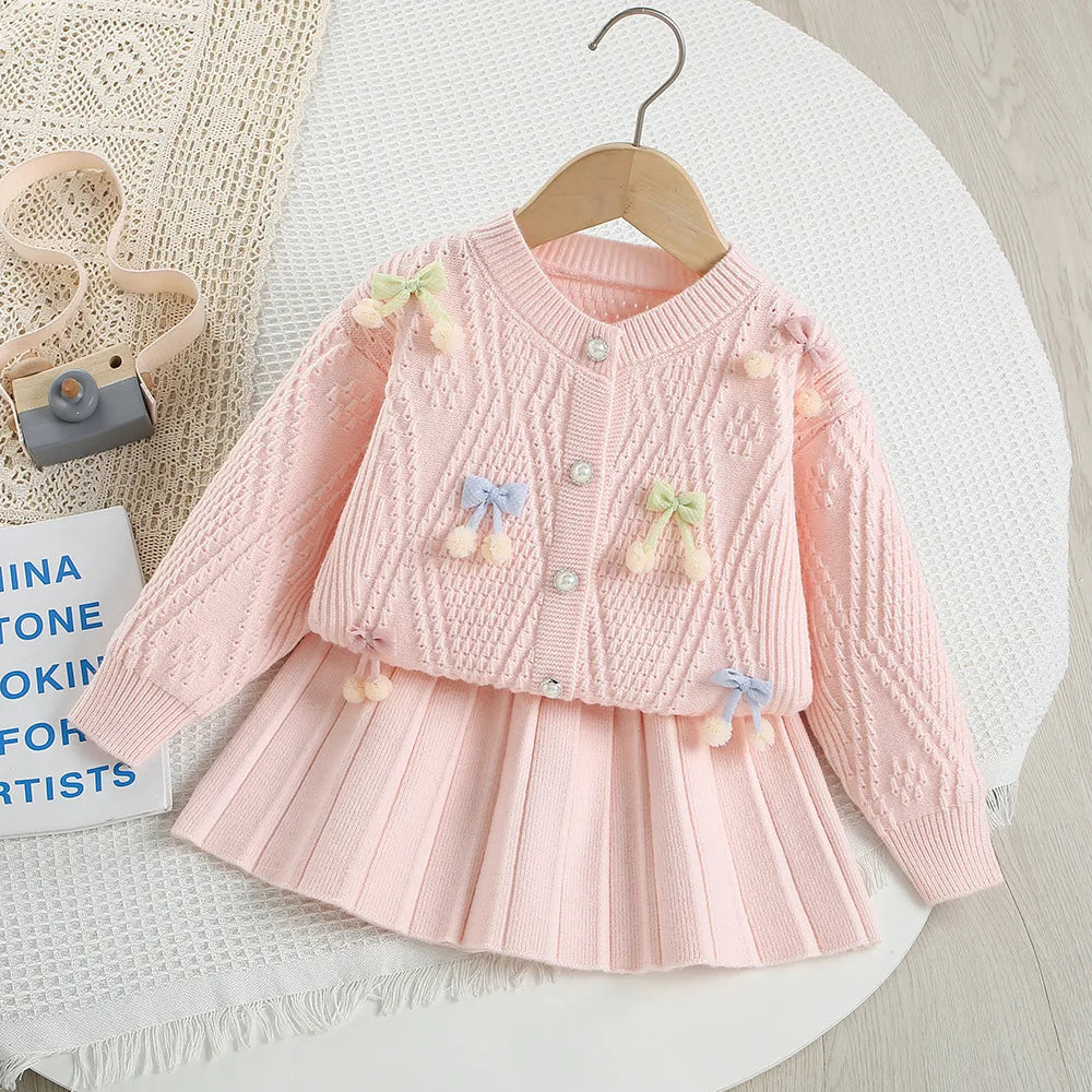 Autumn Kids Clothes 2PCS Set Candy Colour Bow Girls Knitted Sweater + Short Skirt Korean Loose Children Outfit 9M-5T