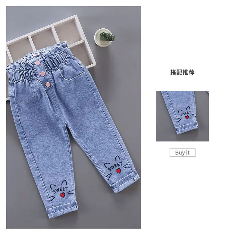 New Spring Kids Jeans Girls Boys Cute Embroidery Cherry Flower Denim Blue Pants Children Outwear Trousers 4-6Y Unisex