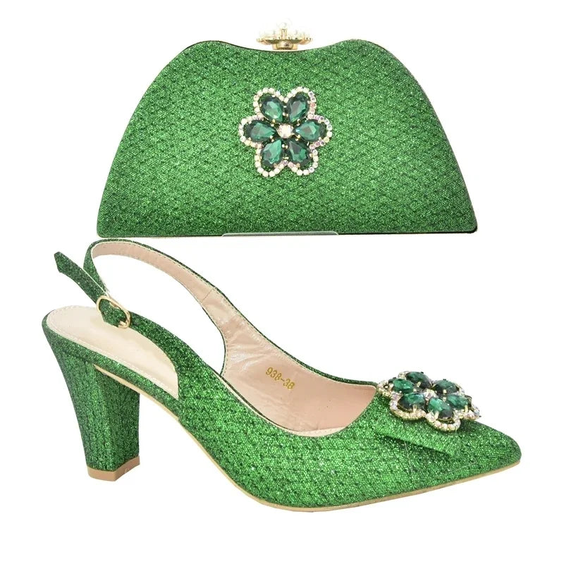 African Shoes and Bags Matching Set Decorated with Rhinestone Nigerian Shoes and Matching Bag