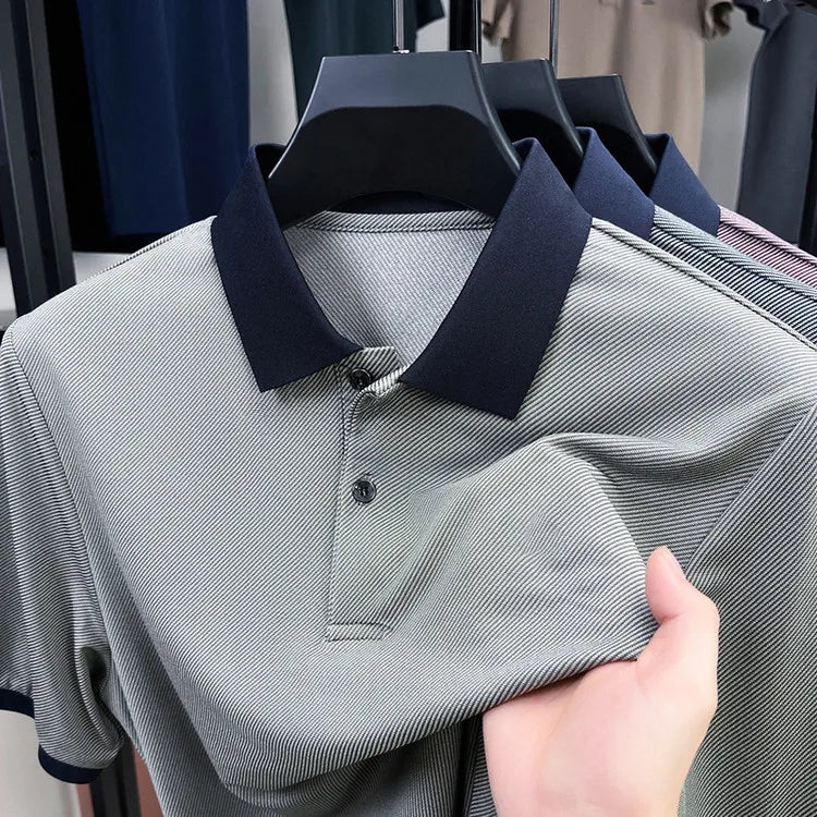 Men’s Breathable Polo Shirt – Stretch Fabric & Striped Design for Office/Casual Use Elastic Comfort and Classic Collar M-4XL