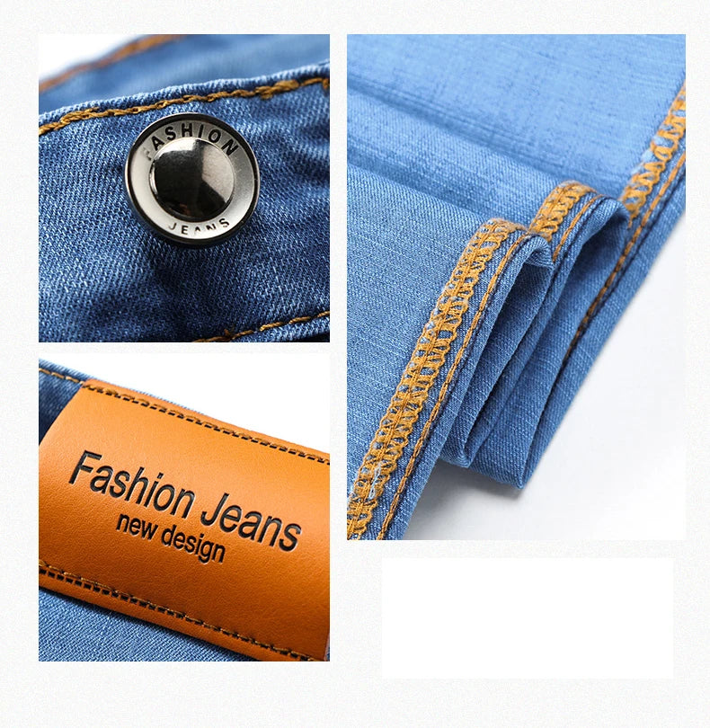 2025 Dunne of dikke stoffen kantoor- en zakenjeans voor heren, klassiek blauw, zwart, katoenen stretch, rechte denimbroek, herenmerkbroeken