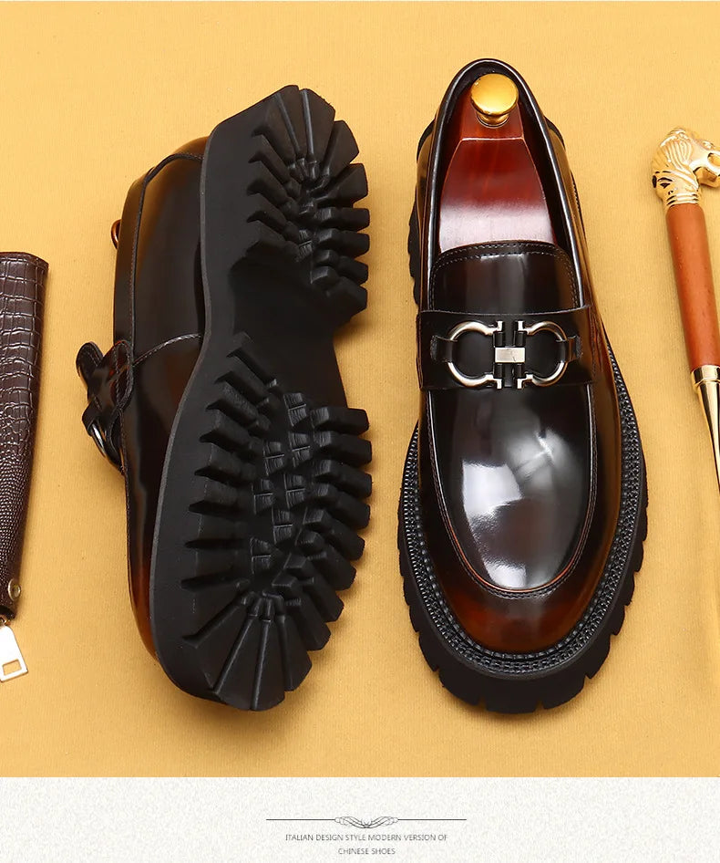 Cow Leather British Loafers Men Glossy Leather Business Casual Heightening Shoes - Non-Slip Tire Soles Dress and Round Toe Shoes
