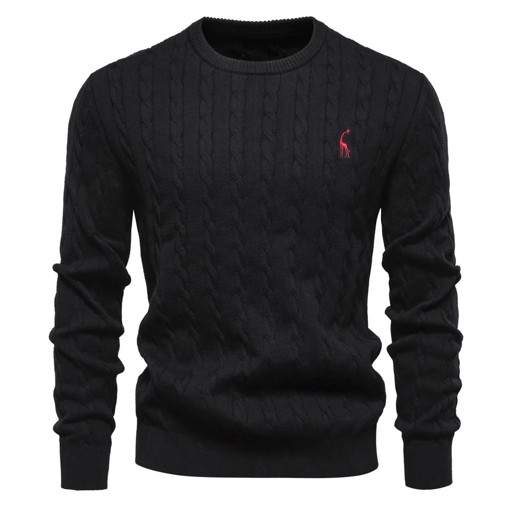 Men's Giraffe Embroidery Cotton Sweaters Round Neck Classic Twist Patterned Pullover Knitted Sweater for Men