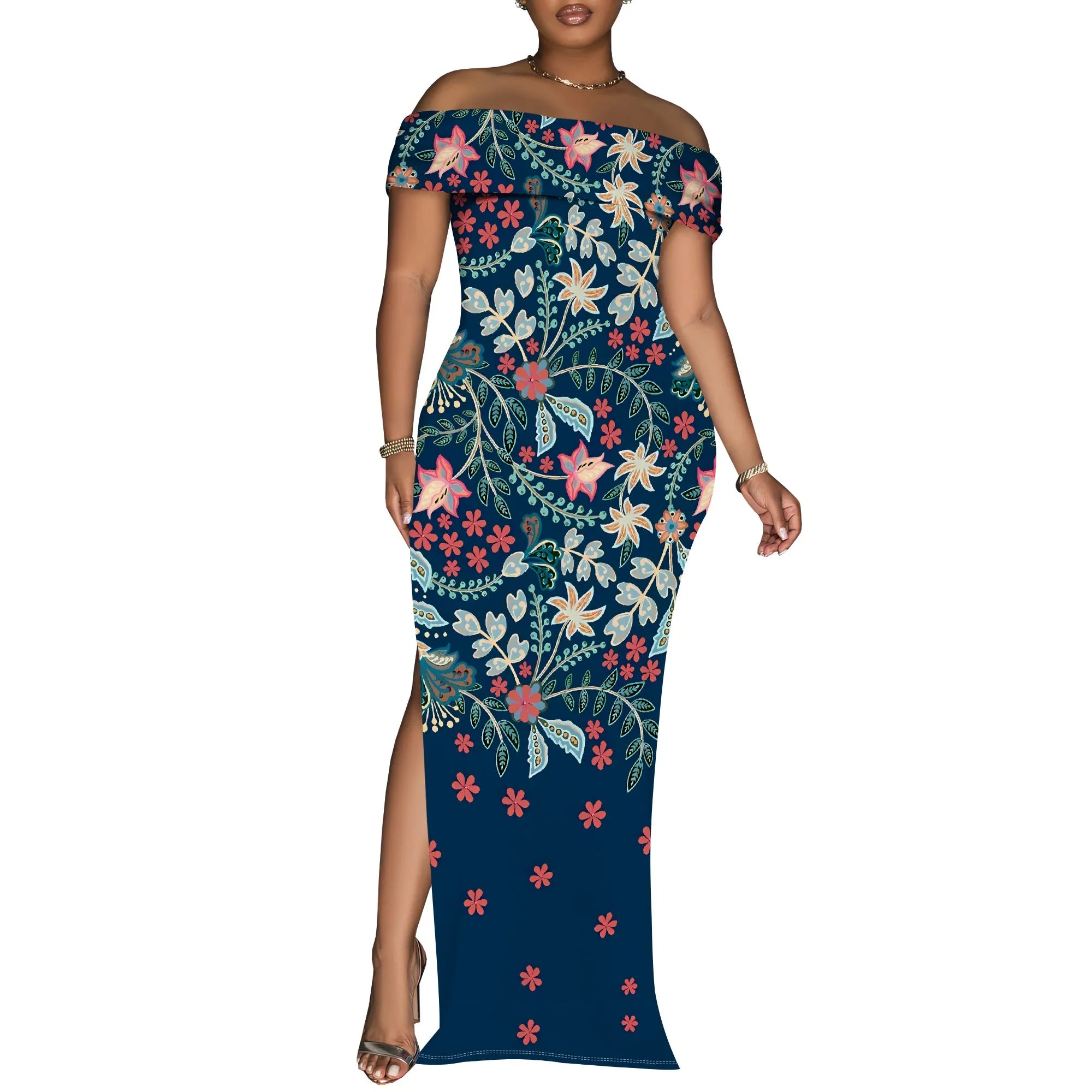 Elegant Off Shoulder Maxi Dress Ink Floral Print Bodycon Split Hem Summer Evening Look
