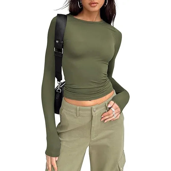 Fashion Senior Women's Long Sleeve Crew Neck Solid Slim Fit T-shirt Crop Top Ladies Daily Streetwear Casual Tee