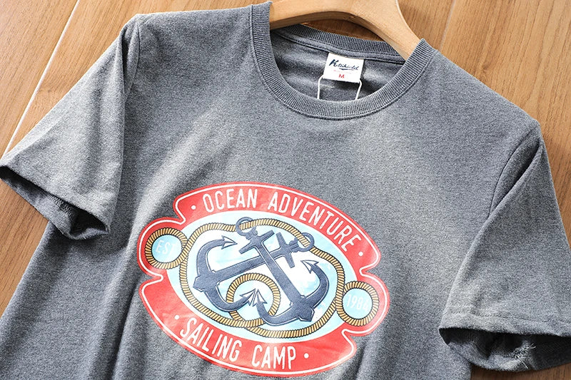 2025 Summer New American Retro 250g Short Sleeve O-neck Printed T-shirt Men's Fashion 100% Cotton Washed Casual Loose Tops