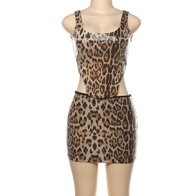 Leopard Sequin 2 Piece Set Women 2025 Summer Trend Backless Crop Top + Skinny Mini Skirt Matching Street Sexy Wild Suit For Women