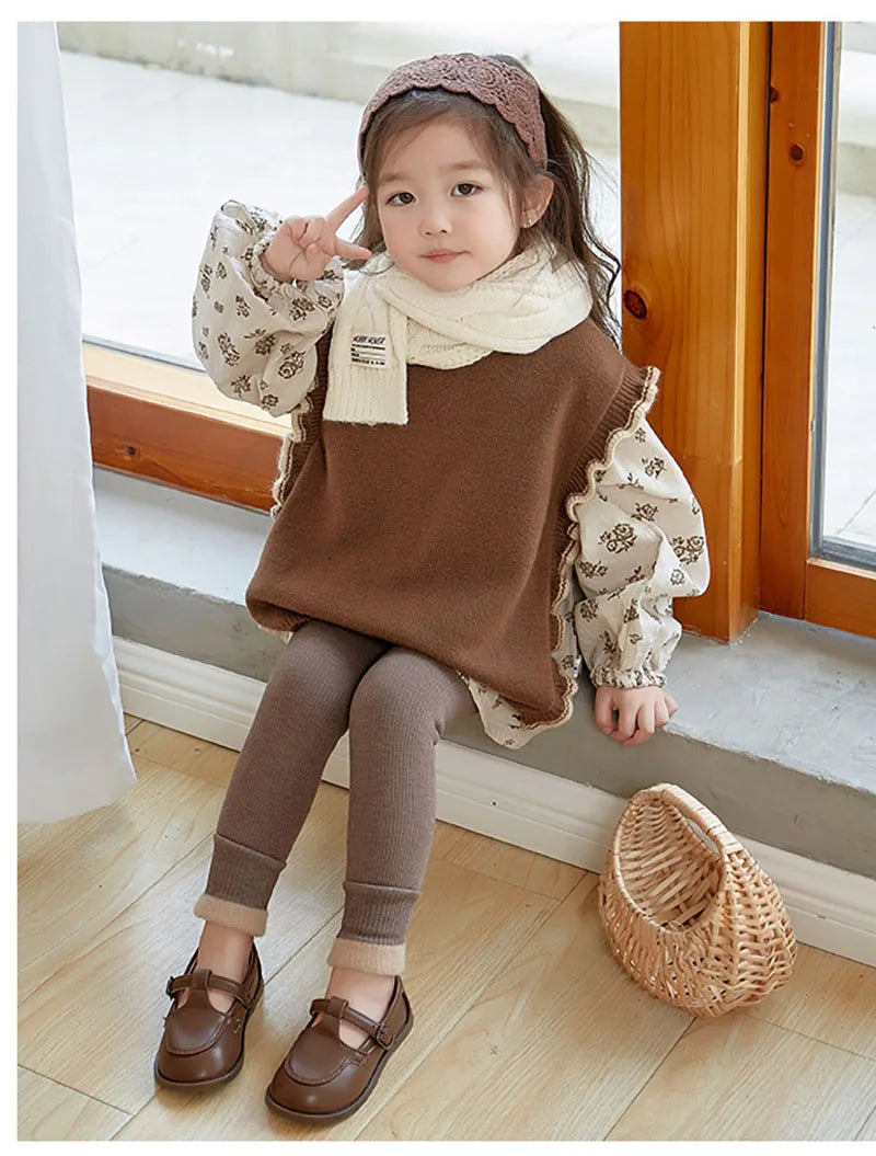 New Autumn Kids Leggings Infant Girls Solid Colour Pit Strip Render Pants Toddler Fleece Padded Warm Trousers 1-3Y Girls