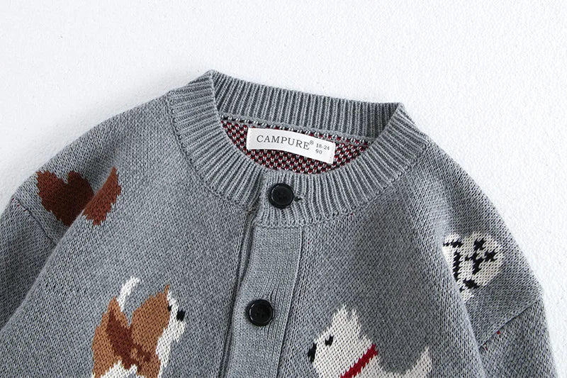 Spring Children's Sweater Jacket Jacquard Cute Dog Boys Single Breasted Buckle Cardigan Top Girls Knitted Sweater 1-8Y Unisex