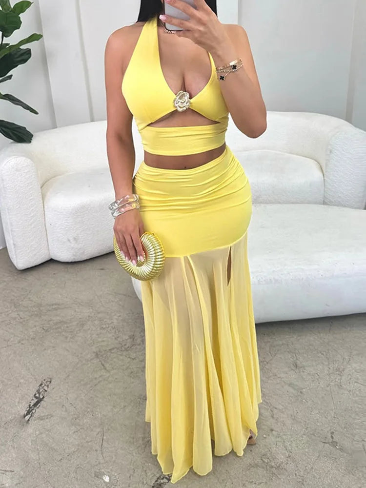 Sexy Fashion 2 Piece Set Women Metal Flower Decoration Halter Hollow Tops + Mesh Patchwork Long Skirts Elegant Outfits