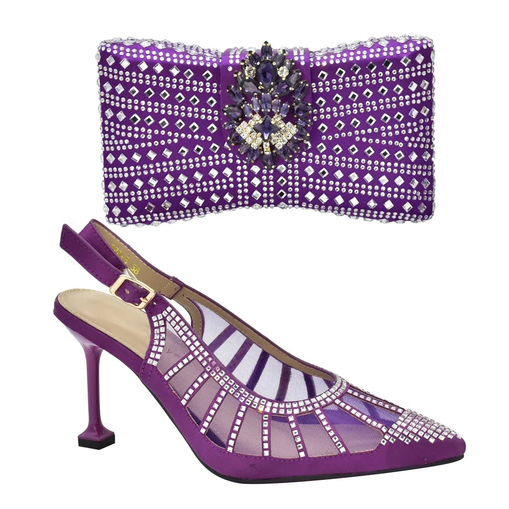 2025 Italian Shoes and Bags Matching Set Decorated with Rhinestone Plus Size Heels