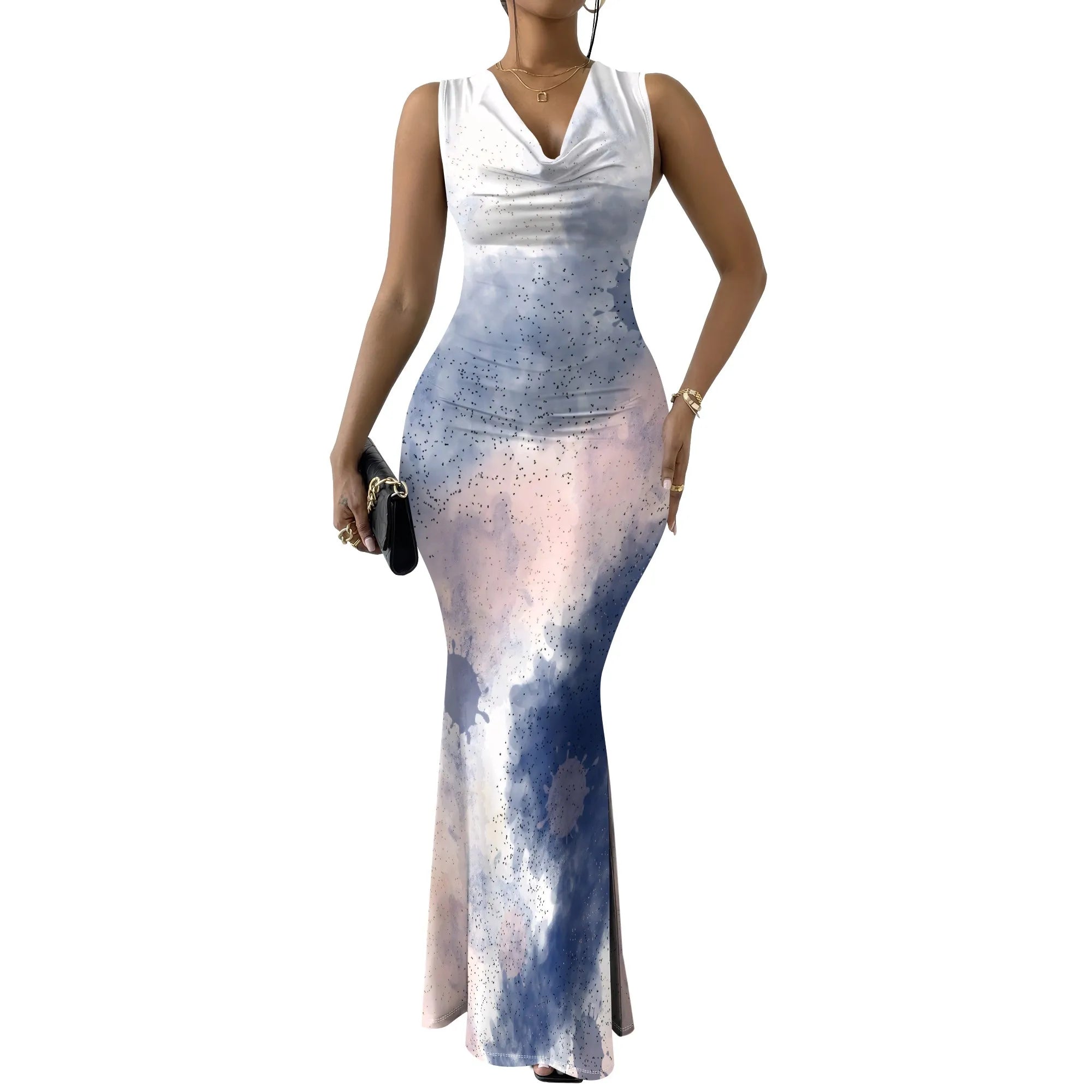 Women's V-Neck Sleeveless Maxi Dress Vintage Red Floral Print Elegant Bodycon Evening Dress