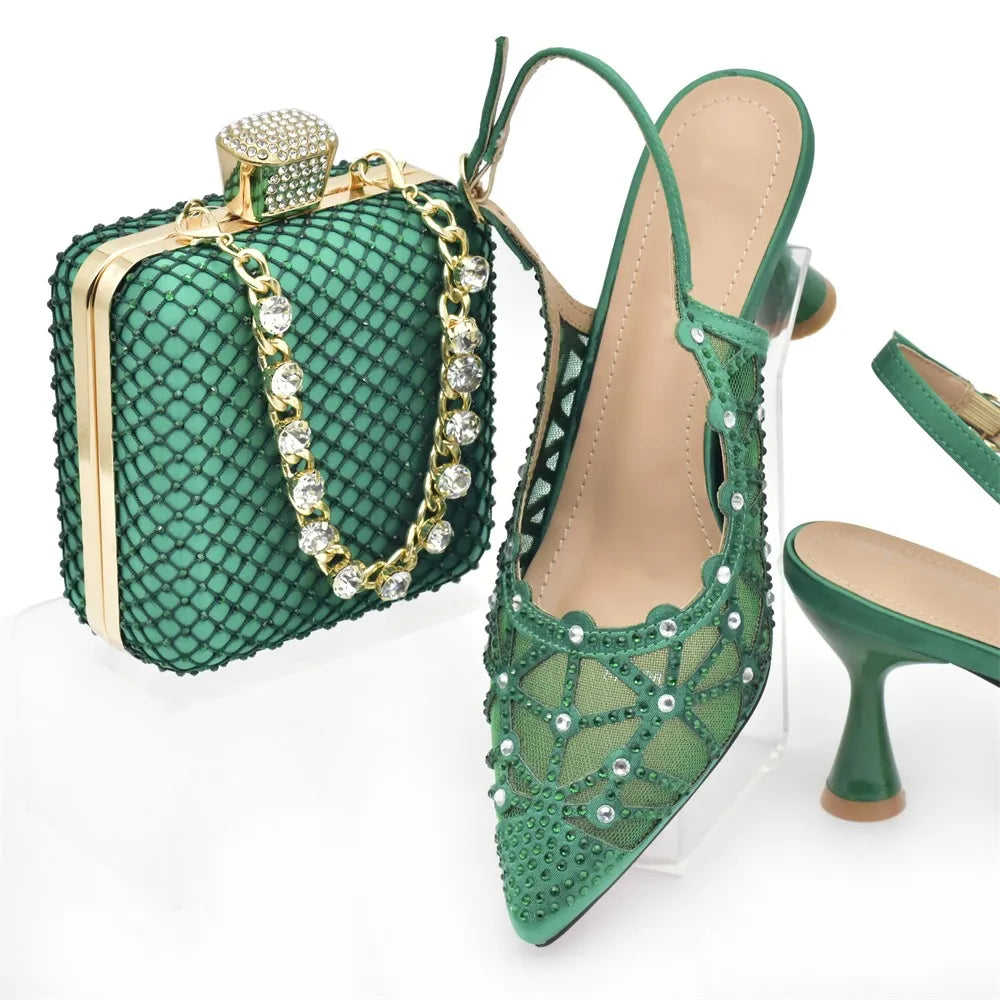 Hollow Design Trendy African Matching Shoes and Bags Italy Rhinestone Women Party Pumps for Women Elegant Wedding Shoes Bride