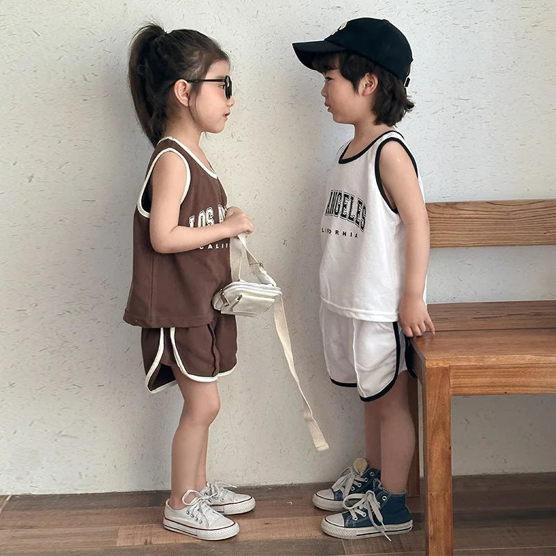 New Summer Kids Clothes Set Children Thin Style Letter Sports Suit Girls Tank Top Shorts Boys Outfits 4-6Y Unisex