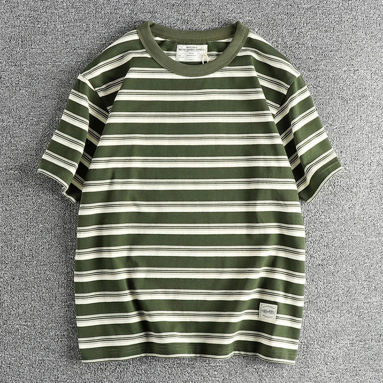 2024 Summer New American Retro 240g Short Sleeve O-neck Striped T-shirt Men's Simple 100% Cotton Washed Heavyweight Casual Tops