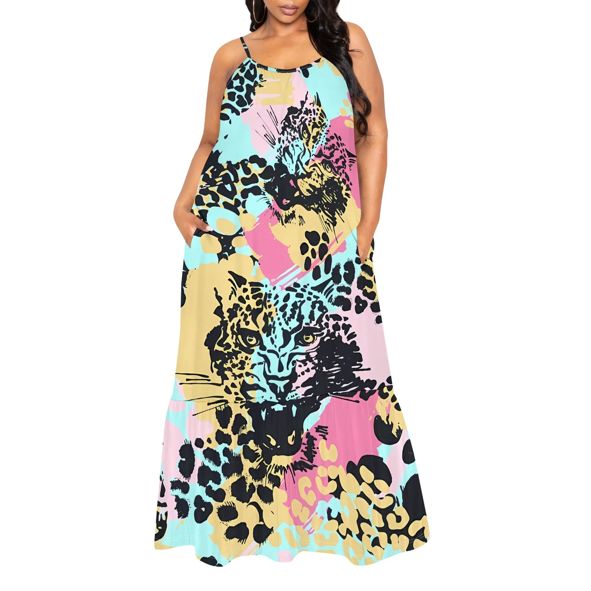 Leopard Print Sleeveless Maxi Dress Women Bold Animal Pattern Spaghetti Strap Casual Summer Dress