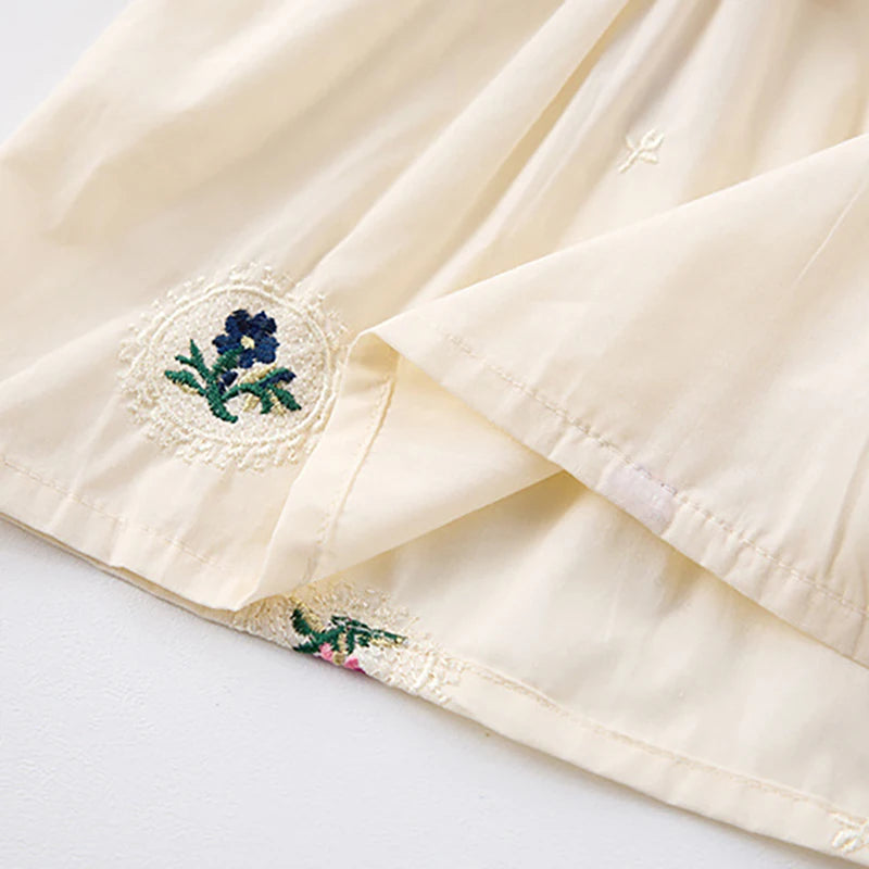 Spring Girls' Long Sleeve Dress 0-6Y Flower Embroidery Ruffled Collar Baby Children's Princess Dress Retro Style Kid's Clothing